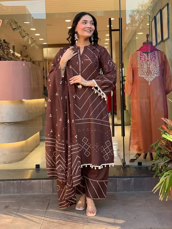 Jaipur_Kurta's_Elegant_Ivory_Shell_Embellished_Brown_Kurta_Set_with_Afghani_Pants