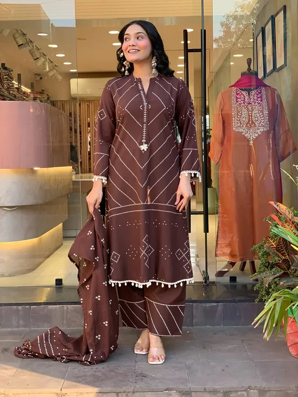 Jaipur_Kurta's_Elegant_Ivory_Shell_Embellished_Brown_Kurta_Set_with_Afghani_Pants