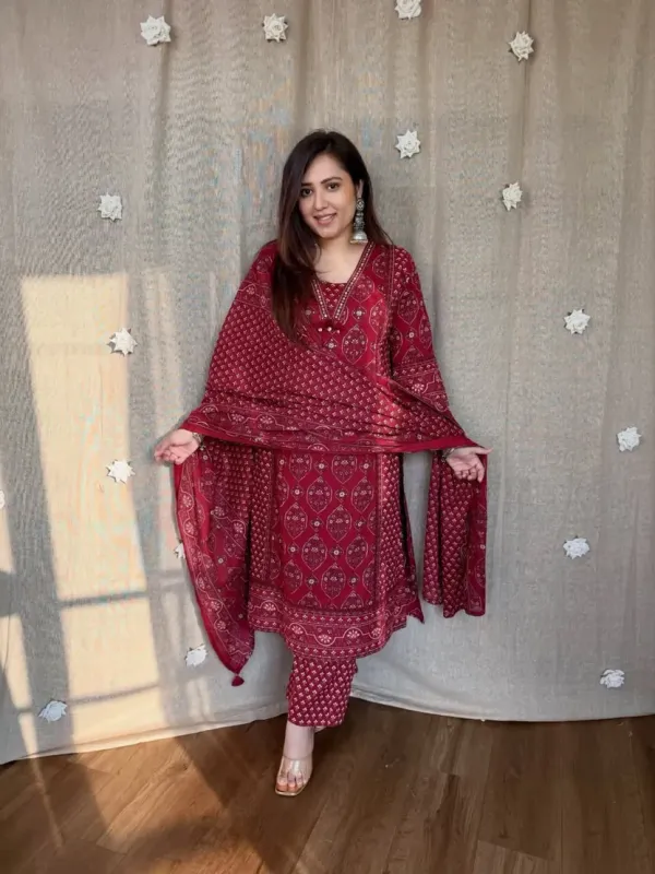 Jaipur_kurta_Premium_Maroon_Printed_Anarkali_Kurti_Pant_Set