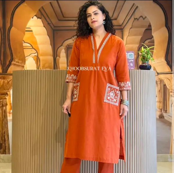 Rust_orange__Flex_cotton_Kurta_And_Pant_Set