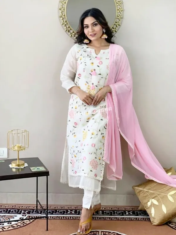 White_Pink_Flower_Cotton_Kurti_With_Pant_And_Dupatta_Set