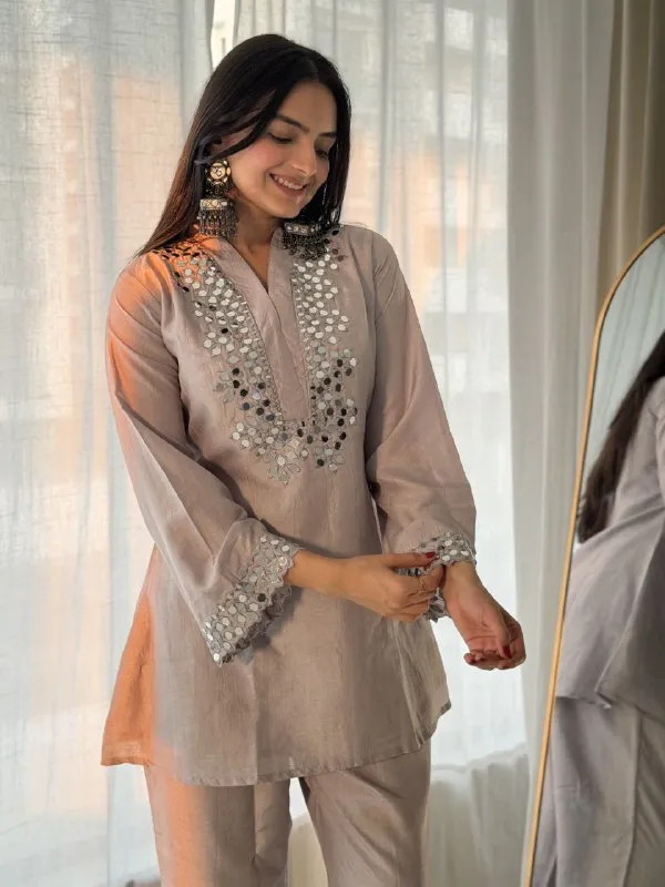 A_steel_grey_coordinated_Short_Kurti_and_Trouser_set