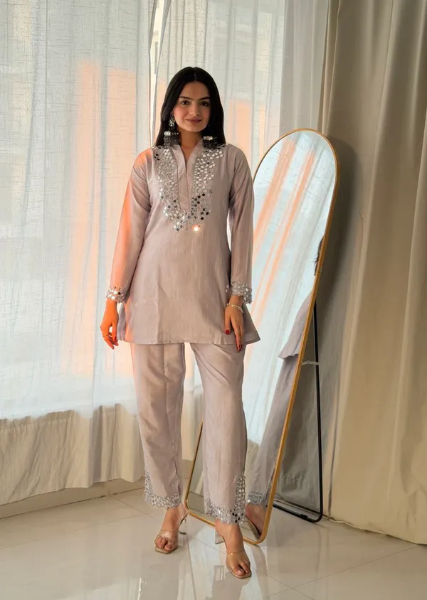 A_steel_grey_coordinated_Short_Kurti_and_Trouser_set