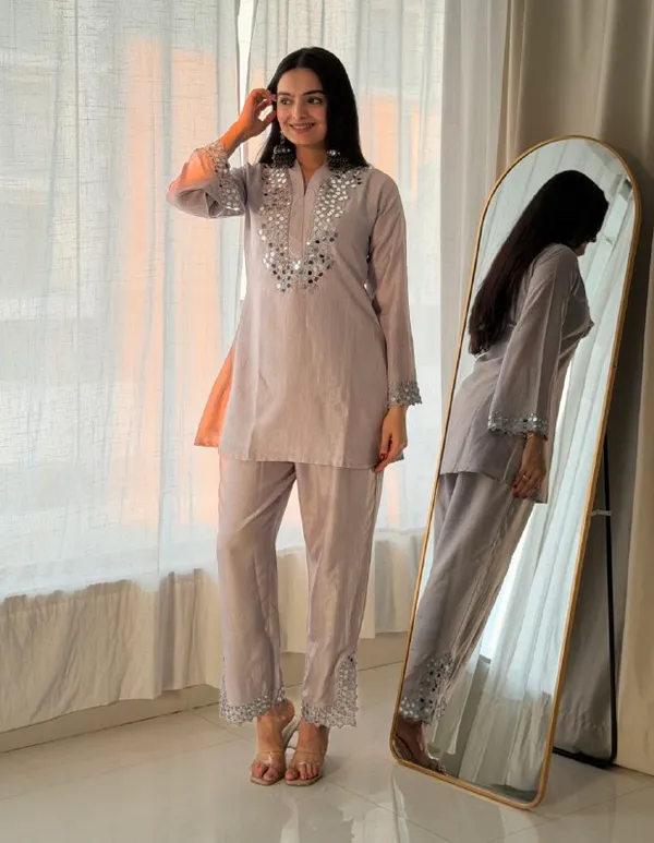 A_steel_grey_coordinated_Short_Kurti_and_Trouser_set