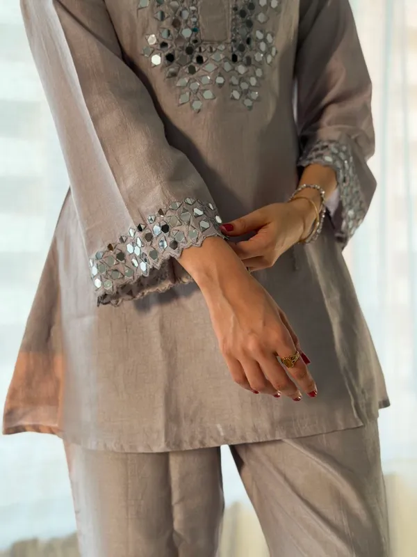 A_steel_grey_coordinated_Short_Kurti_and_Trouser_set