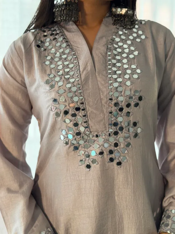 A_steel_grey_coordinated_Short_Kurti_and_Trouser_set