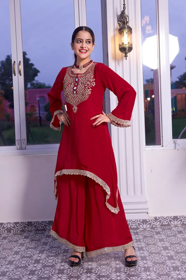 Elegant_Red_Embroidered_Asymmetrical_Kurta_Set
