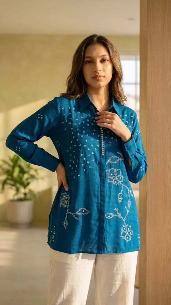 Indigo_Bandhani_Muslin_Fusion_Shirt