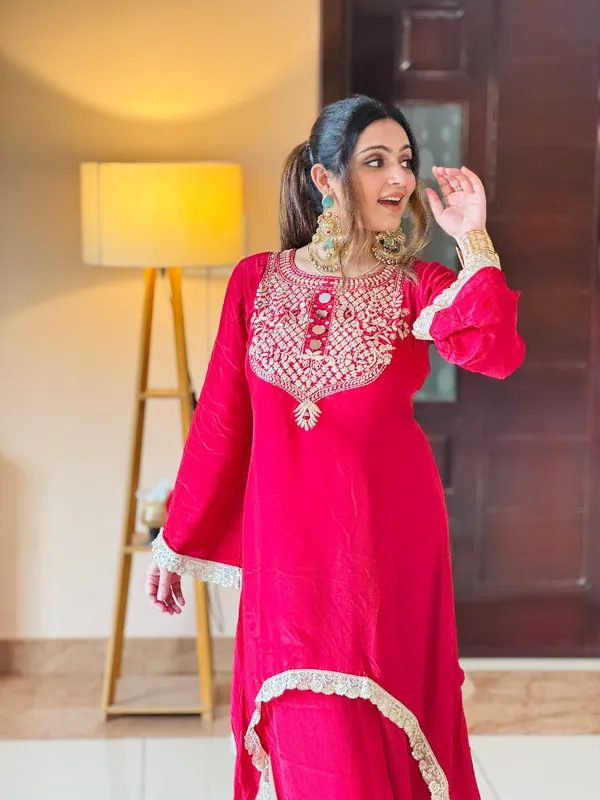 Elegant_Red_Embroidered_Asymmetrical_Kurta_Set