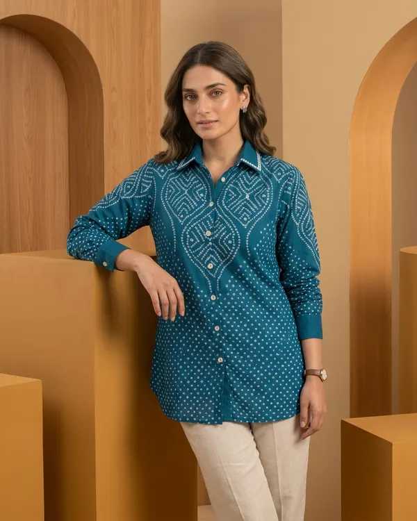 Teal_Medallion_Bandhani_Crepe_Shirt