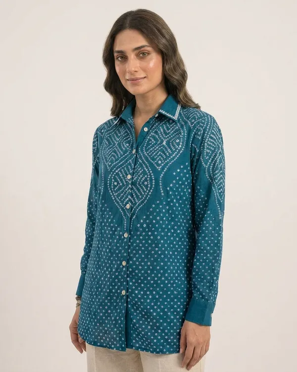Teal_Medallion_Bandhani_Crepe_Shirt