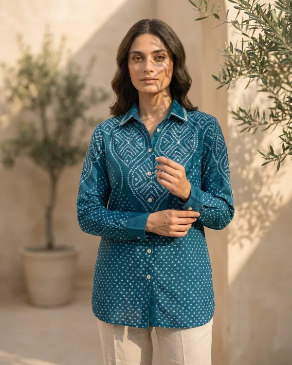 Teal_Medallion_Bandhani_Crepe_Shirt