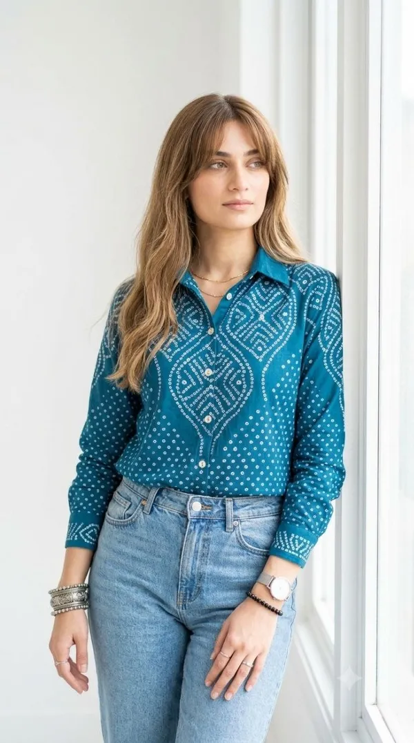 Teal_Medallion_Bandhani_Crepe_Shirt
