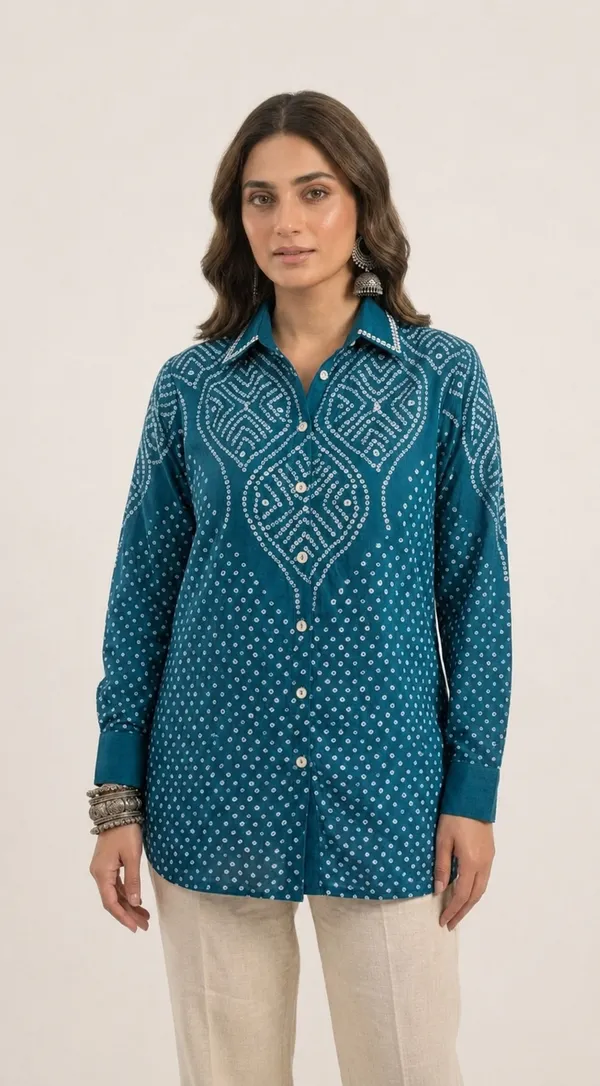 Teal_Medallion_Bandhani_Crepe_Shirt