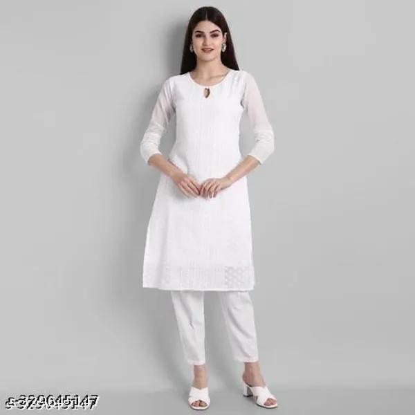 White_Embroidered_Georgette_Straight_Kurti_For_Women