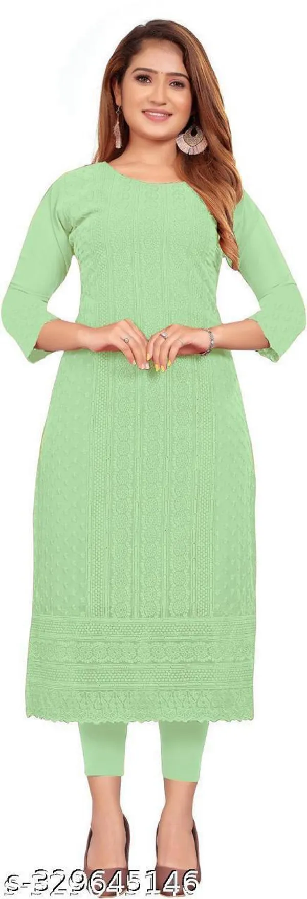 Green__Embroidered_Georgette_Straight_Kurti_For_Women