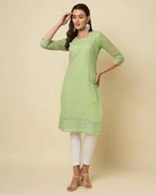 Green__Embroidered_Georgette_Straight_Kurti_For_Women