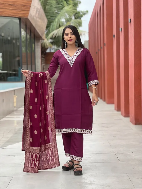 Maroon_Soft_Silk_Embroidered_Kurti,_Pent_with_Dupatta_Set