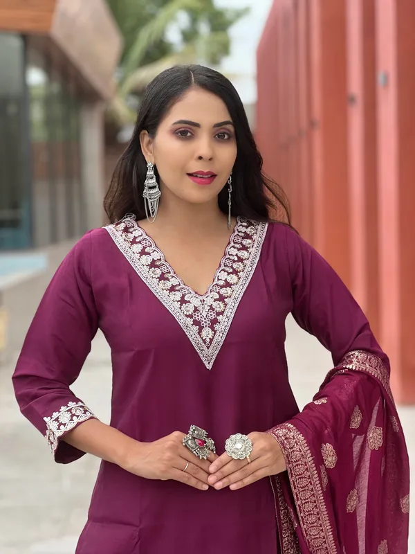 Maroon_Soft_Silk_Embroidered_Kurti,_Pent_with_Dupatta_Set