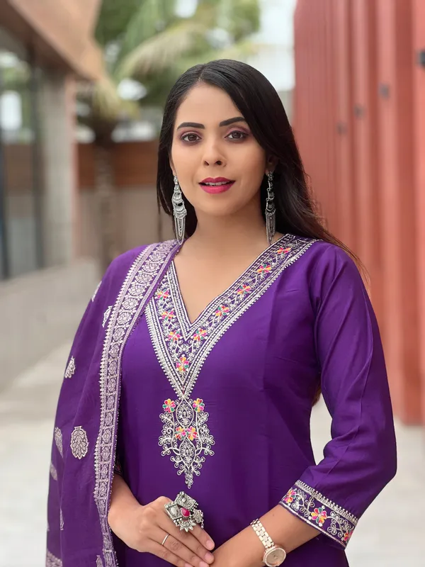 Purple_Soft_Silk_Embroidered__Kurti,_Pent_with_Dupatta_Set