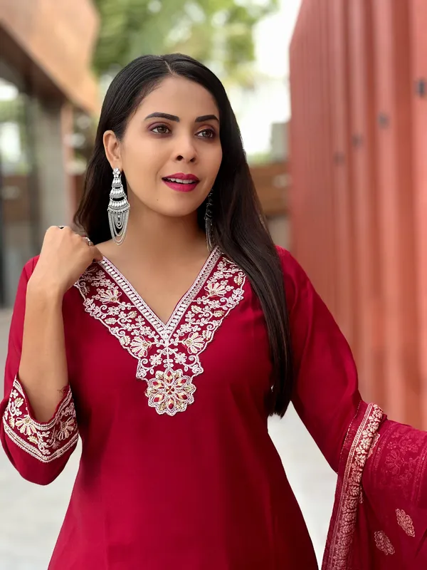 Red_Soft_Silk_Embroidered_Kurti,_Pent_with_Dupatta_Set