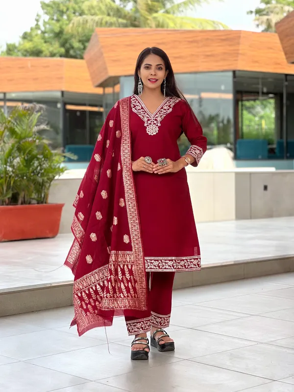 Red_Soft_Silk_Embroidered_Kurti,_Pent_with_Dupatta_Set