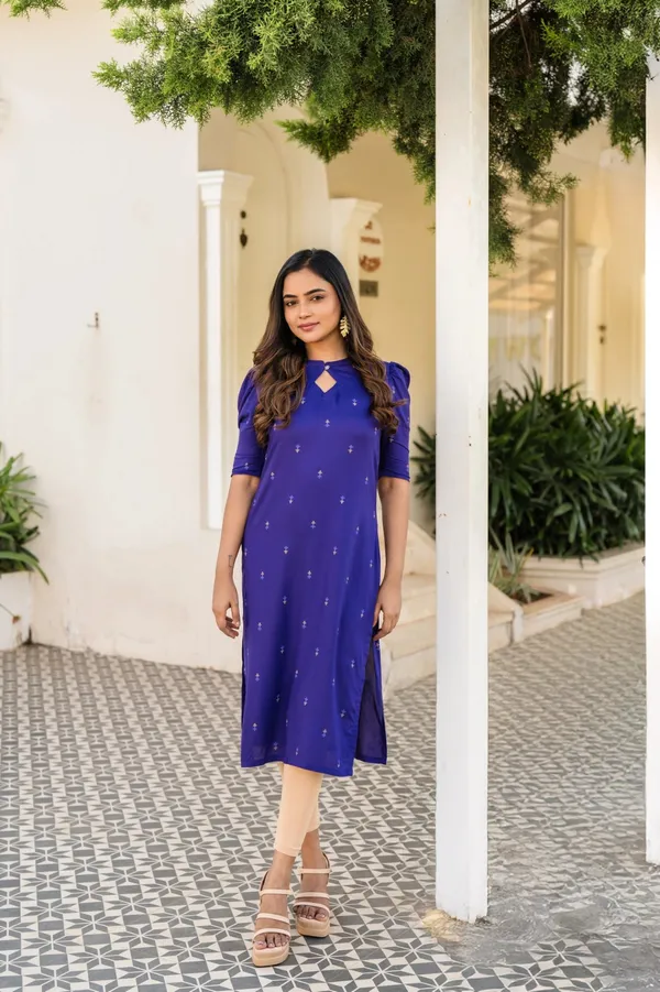 Royal_Blue_Poly_Rayon_With_Printed_Kurti_For_Women