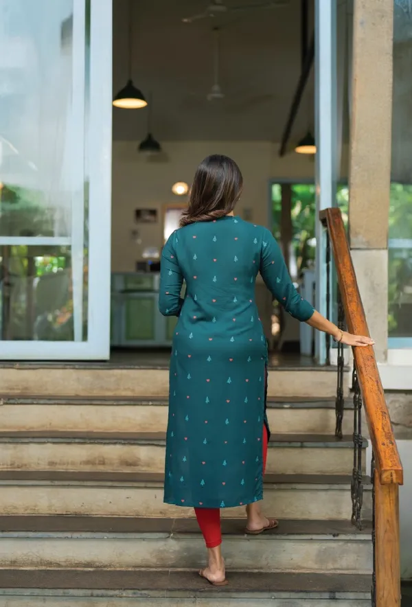 Teal_/_Rama_Green_Poly_Rayon_With_Printed_Kurti_For_Women