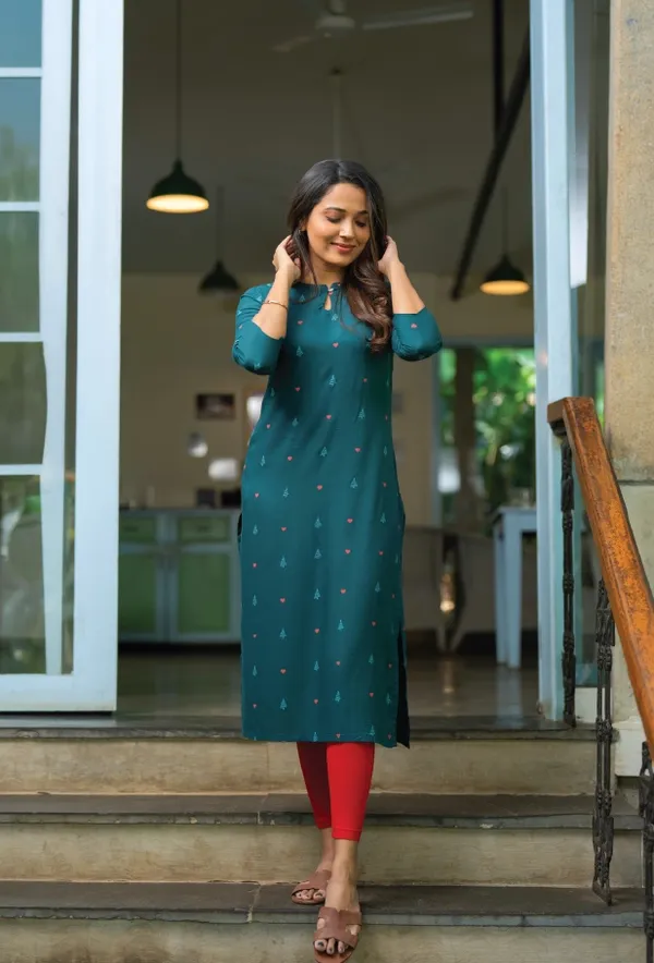 Teal_/_Rama_Green_Poly_Rayon_With_Printed_Kurti_For_Women