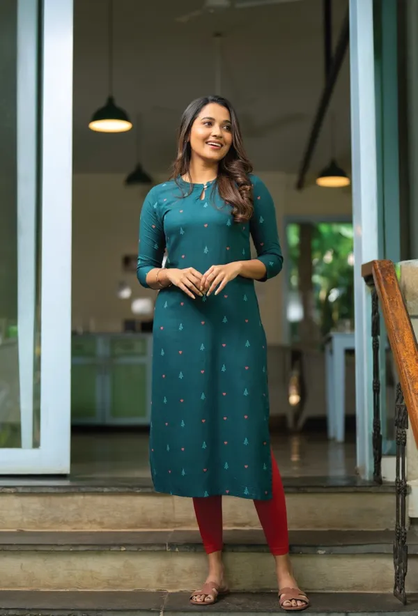 Teal_/_Rama_Green_Poly_Rayon_With_Printed_Kurti_For_Women