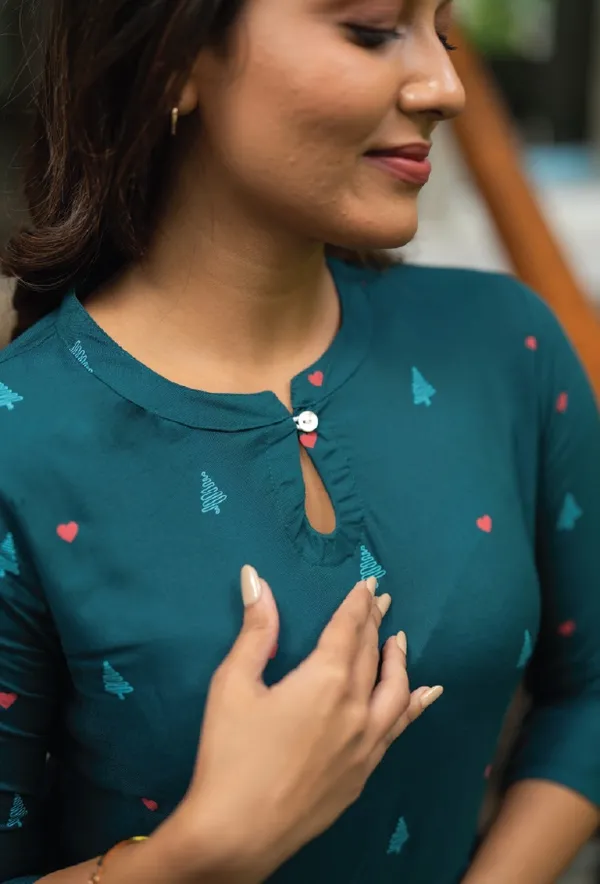 Teal_/_Rama_Green_Poly_Rayon_With_Printed_Kurti_For_Women