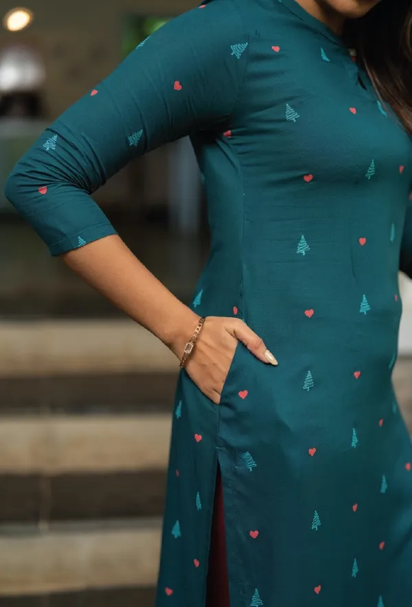 Teal_/_Rama_Green_Poly_Rayon_With_Printed_Kurti_For_Women