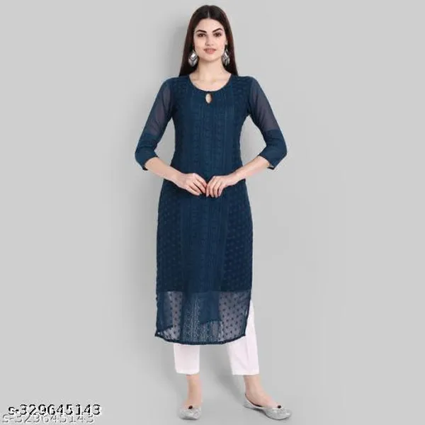 Blue_Embroidered_Georgette_Straight_Kurti_For_Women