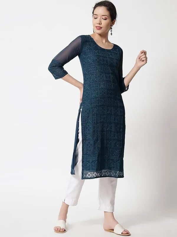 Blue_Embroidered_Georgette_Straight_Kurti_For_Women