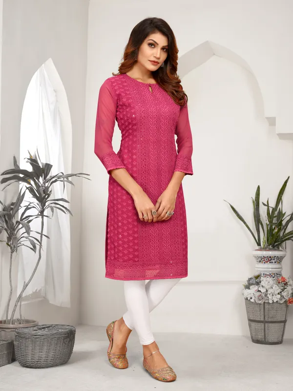 Pink_Chikanwork_With_Sequence_Work_Kurti__For_Women