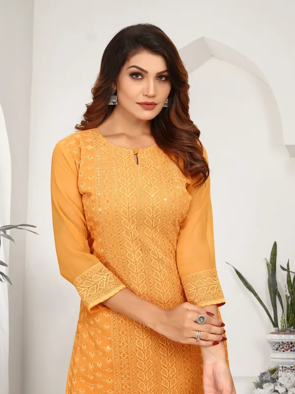 Yellow_Chikanwork_With_Sequence_Work_Kurti__For_Women