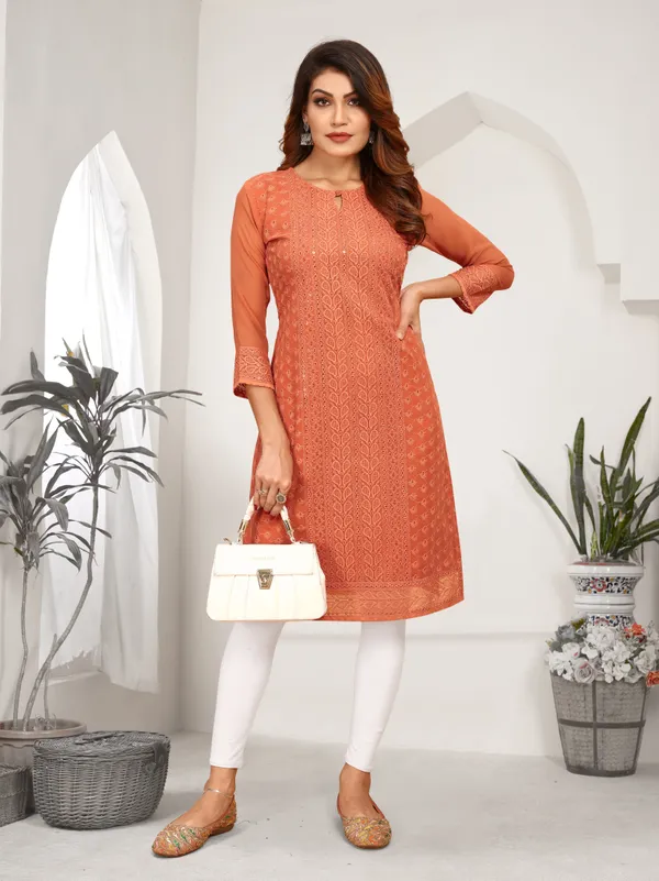 Orange_Chikanwork_With_Sequence_Work_Kurti__For_Women