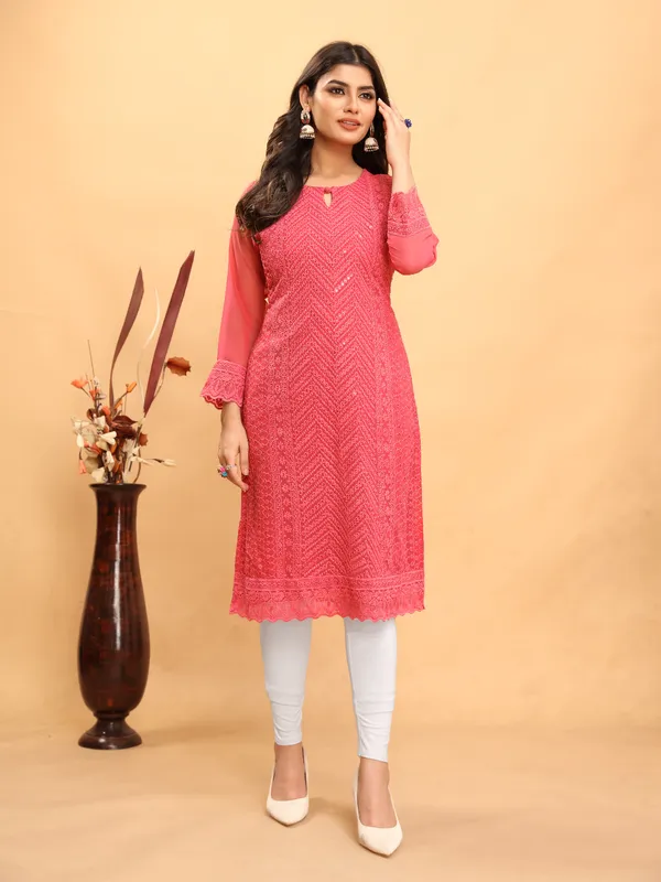 Vibrant_Coral_Pink._Chikanwork_With_Sequence_Work_Kurti__For_Women