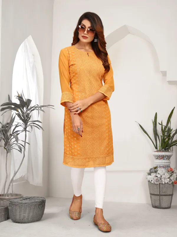 Yellow_Chikanwork_With_Sequence_Work_Kurti__For_Women
