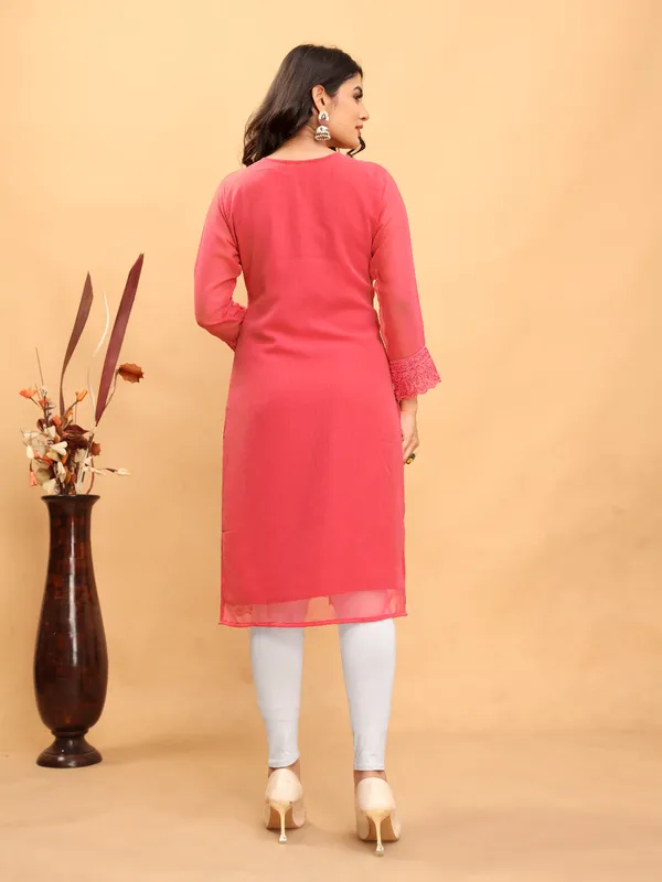 Vibrant_Coral_Pink._Chikanwork_With_Sequence_Work_Kurti__For_Women