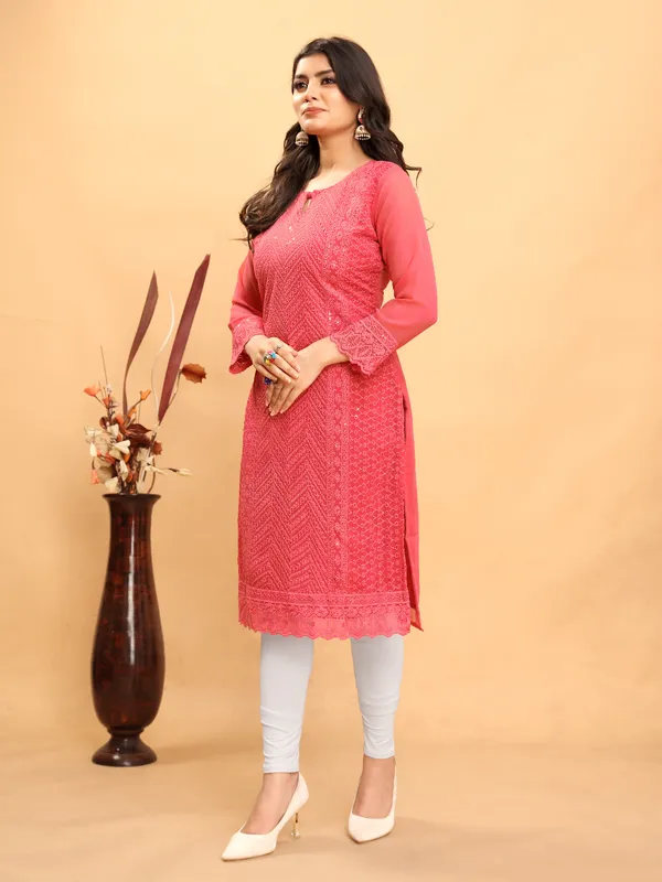 Vibrant_Coral_Pink._Chikanwork_With_Sequence_Work_Kurti__For_Women