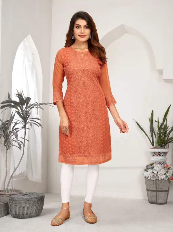 Orange_Chikanwork_With_Sequence_Work_Kurti__For_Women
