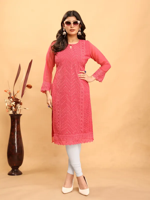Vibrant_Coral_Pink._Chikanwork_With_Sequence_Work_Kurti__For_Women