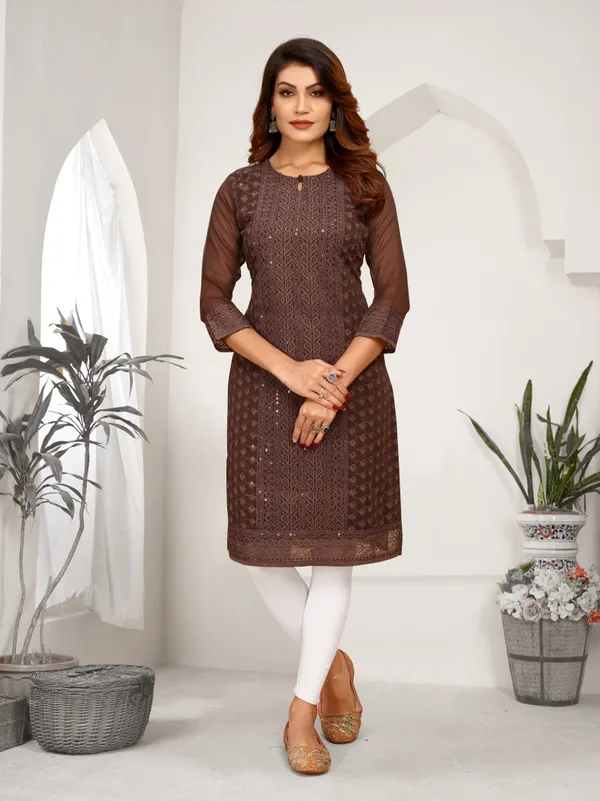 Brown_Chikanwork_With_Sequence_Work_Kurti_____For_Women