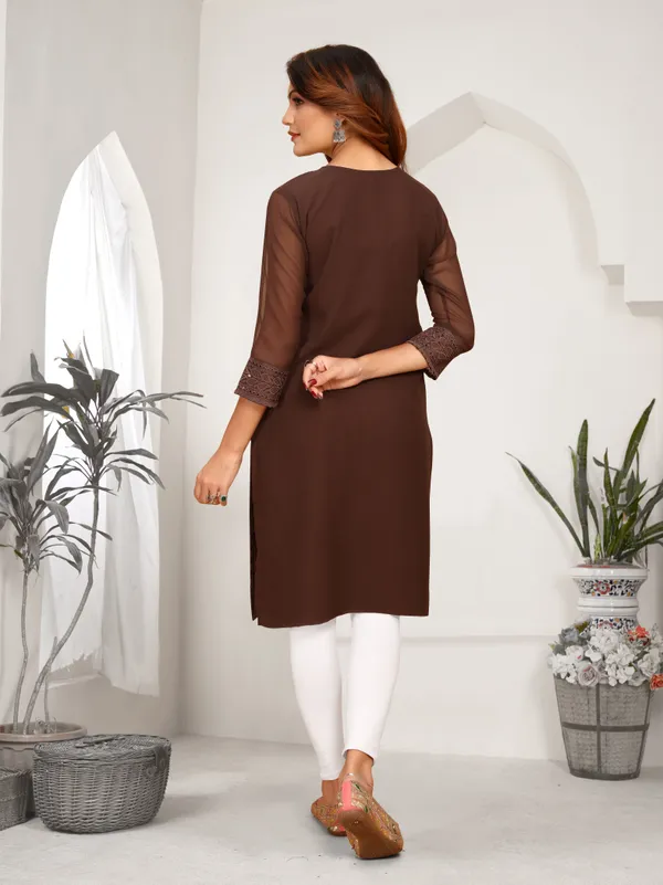 Brown_Chikanwork_With_Sequence_Work_Kurti_____For_Women