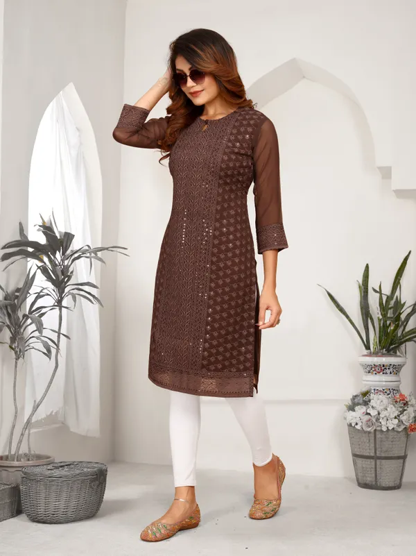 Brown_Chikanwork_With_Sequence_Work_Kurti_____For_Women
