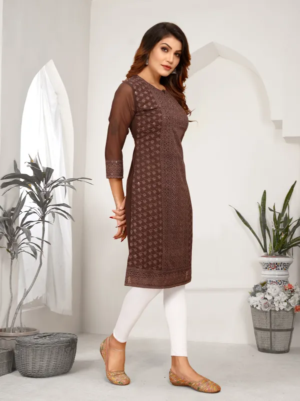 Brown_Chikanwork_With_Sequence_Work_Kurti_____For_Women