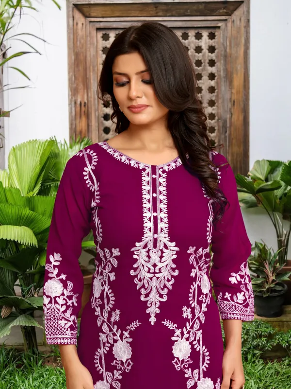 Rich_Plum_New_Georgette_Chikankari_Kurti_Plazo_Set_For_Eid__For_Women