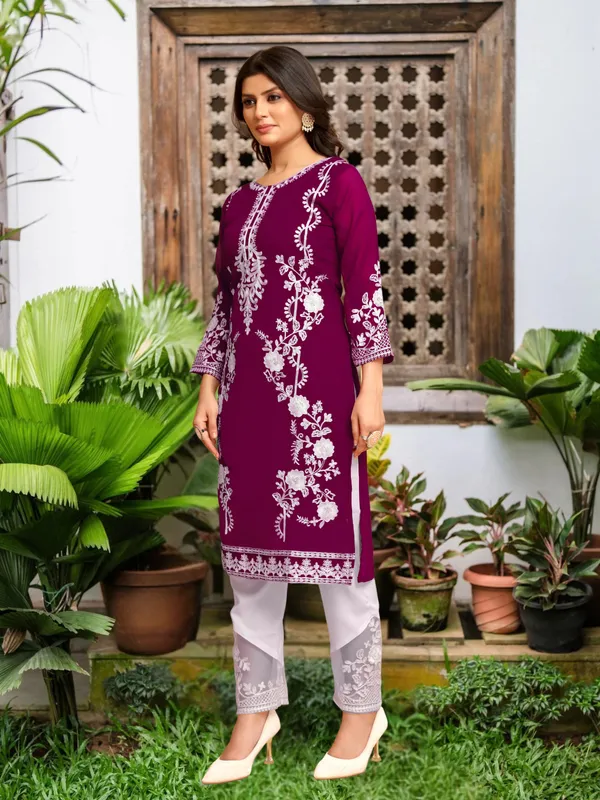 Rich_Plum_New_Georgette_Chikankari_Kurti_Plazo_Set_For_Eid__For_Women