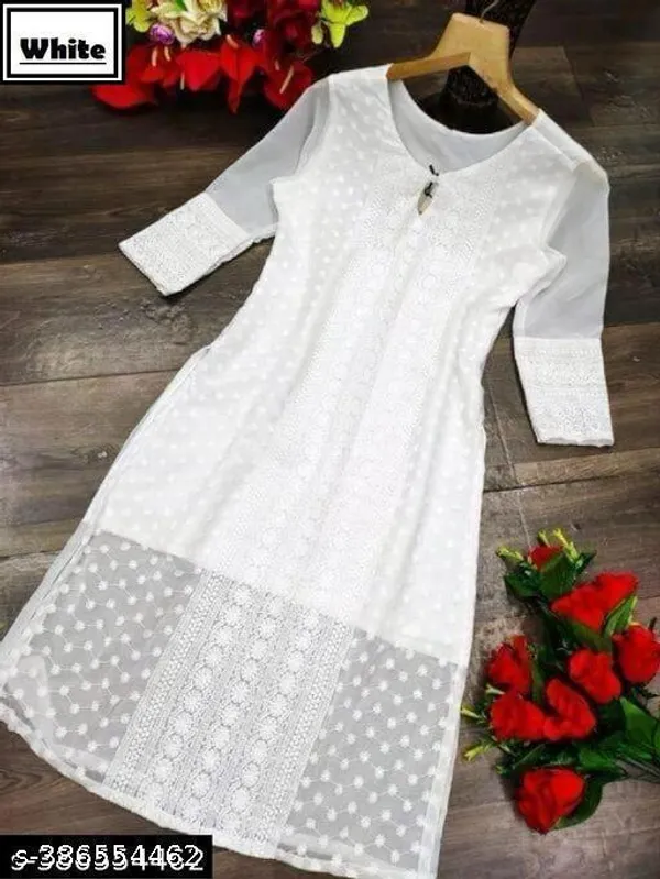 White_Embroidered_Georgette_Straight_Kurti_For_Women